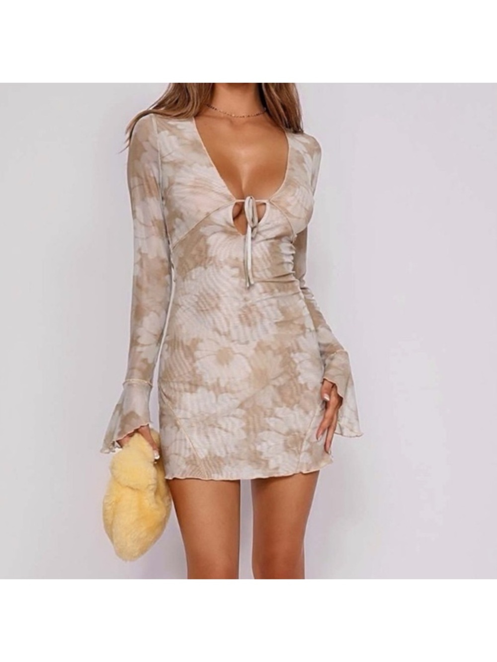 Tiger Mist Beige Tie-Front Long Sleeve Mini Dress